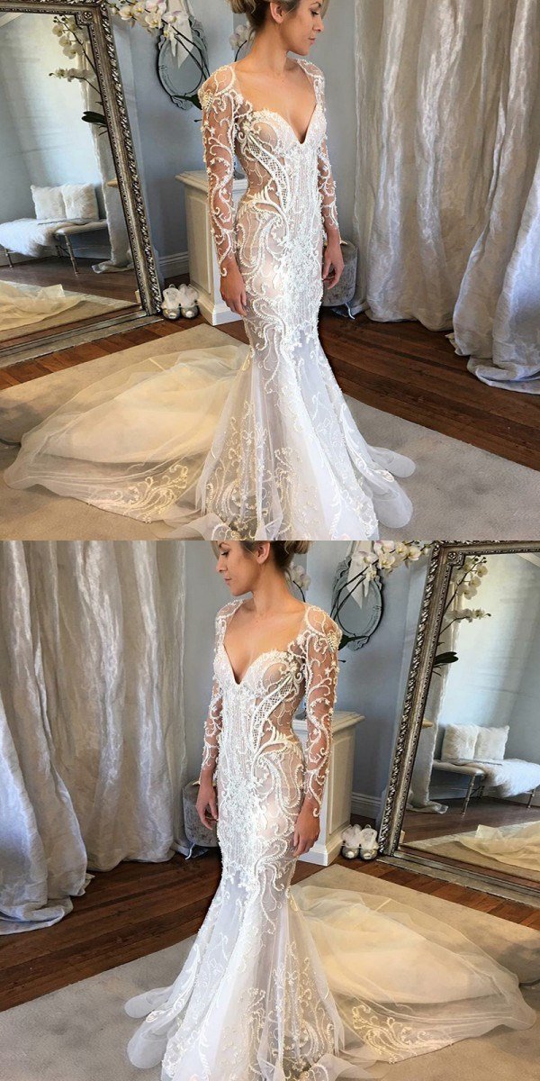 Mermaid Long Sleeve Wedding Dresses Lace Appliques Court Train Bridal Gowns