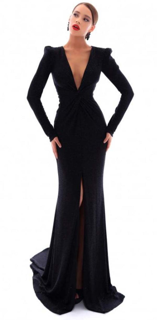 Long Sleeves Sheath Black Mermaid Deep V neck Side Slit Modest Prom Dresses,PD1352