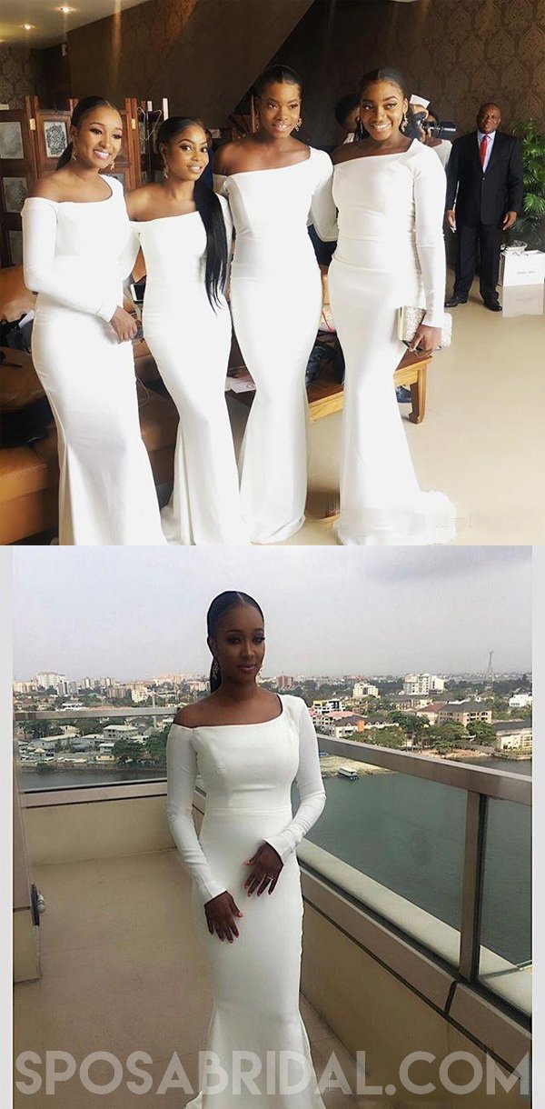 Long Sleeves Simple Fashion White ELegant Modest Cheap Bridesmaid Dres SposaBridal Long Sleeves Simple Fashion White ELegant Modest Cheap Bridesmaid Dres SposaBridal