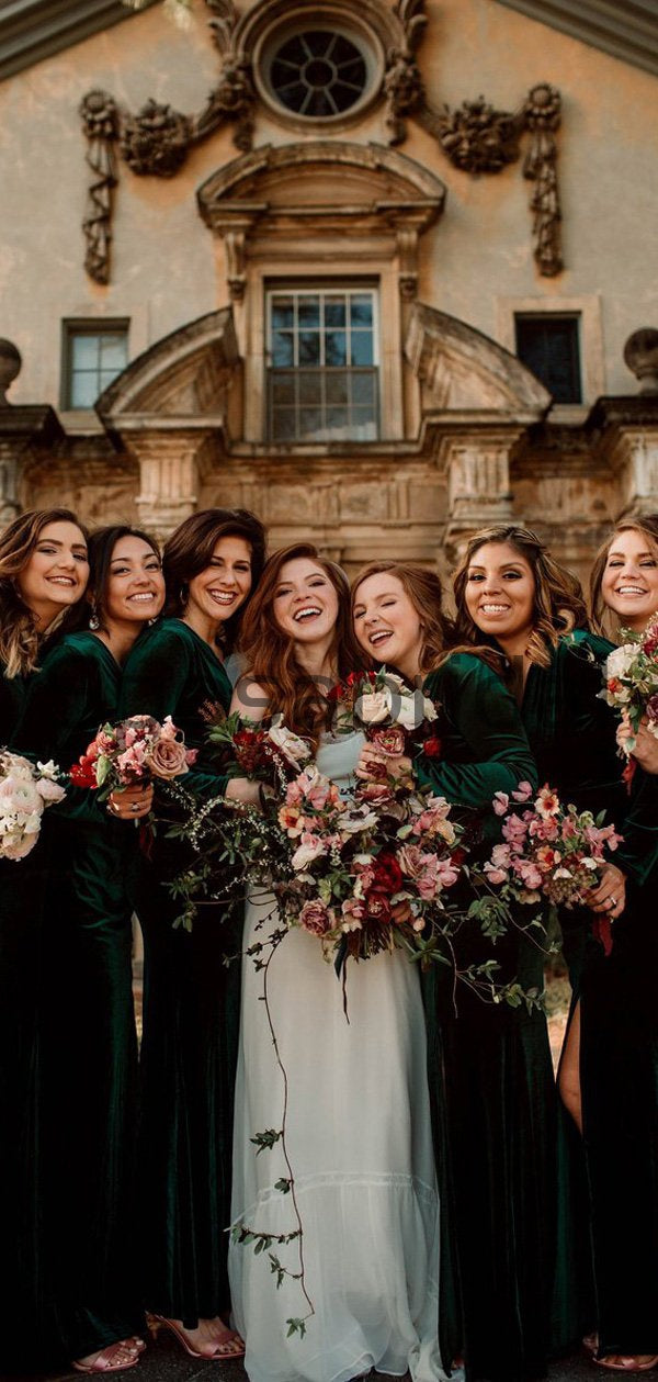 Long Sleeves V-Neck Green Mermaid Popular Modest Cheap Bridesmaid Dres SposaBridal Long Sleeves V-Neck Green Mermaid Popular Modest Cheap Bridesmaid Dres SposaBridal