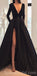 Long Sleeves V neck Side Slit Burgundy  Elegant Modest A line Long Prom Dresses, PD1296