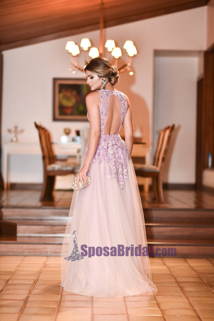 A-Line Open Back Lace V-Neck Tulle Formal Elegant Floor-Length Prom Dresses, Fashion Prom dress, PD0690 - SposaBridal