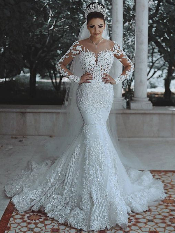 Luxury Beaded Illusion Lace Long Mermaid Wedding Dresses, WD0340 SposaBridal Luxury Beaded Illusion Lace Long Mermaid Wedding Dresses, WD0340 SposaBridal