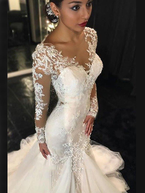 Luxury Illusion Lace Long Sleeve Sexy Mermaid Boho Long Wedding Dresse –  SposaBridal