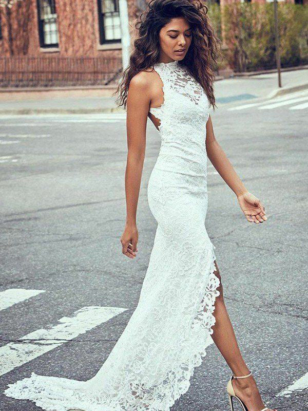 Sexy Sleeveless Full Lace Side-slit Mermaid Beach Long Wedding Dresses SposaBridal Sexy Sleeveless Full Lace Side-slit Mermaid Beach Long Wedding Dresses SposaBridal