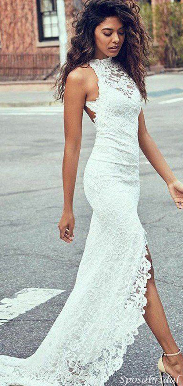 Sexy Sleeveless Full Lace Side-slit Mermaid Beach Long Wedding Dresses – SposaBridal Sexy Sleeveless Full Lace Side-slit Mermaid Beach Long Wedding Dresses – SposaBridal