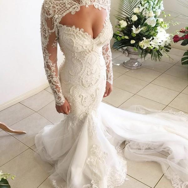 Elegant Popular Newest Mermaid Open Back Long Sleeves Tulle Wedding Dr SposaBridal Elegant Popular Newest Mermaid Open Back Long Sleeves Tulle Wedding Dr SposaBridal