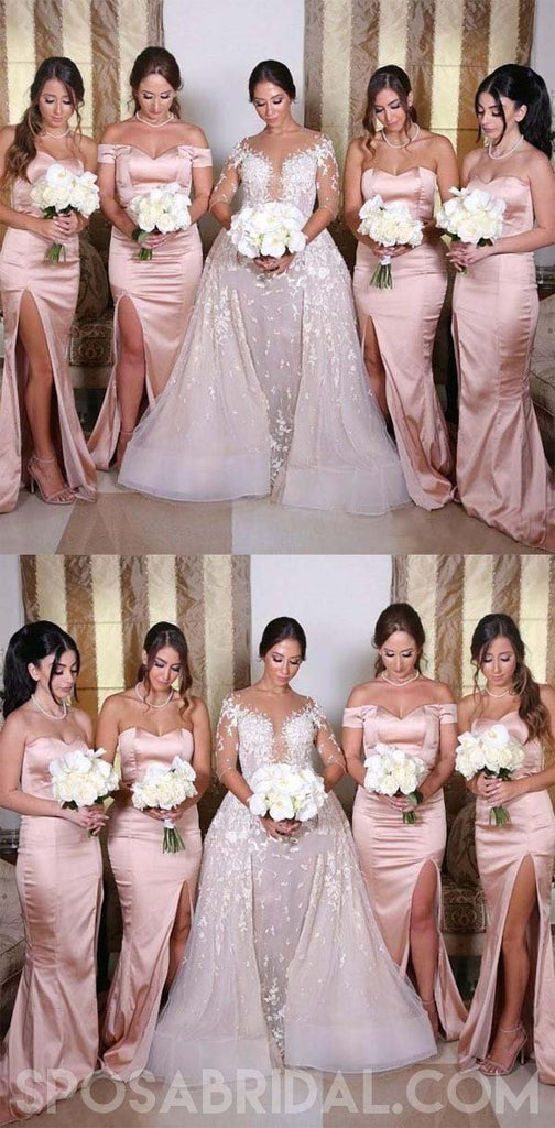Mermaid Wedding Guest Party Dress, Side Split Zipper Blush Pink Bridesmaids Dresses ,Sweetheart Maid of Honor Gowns, WG405