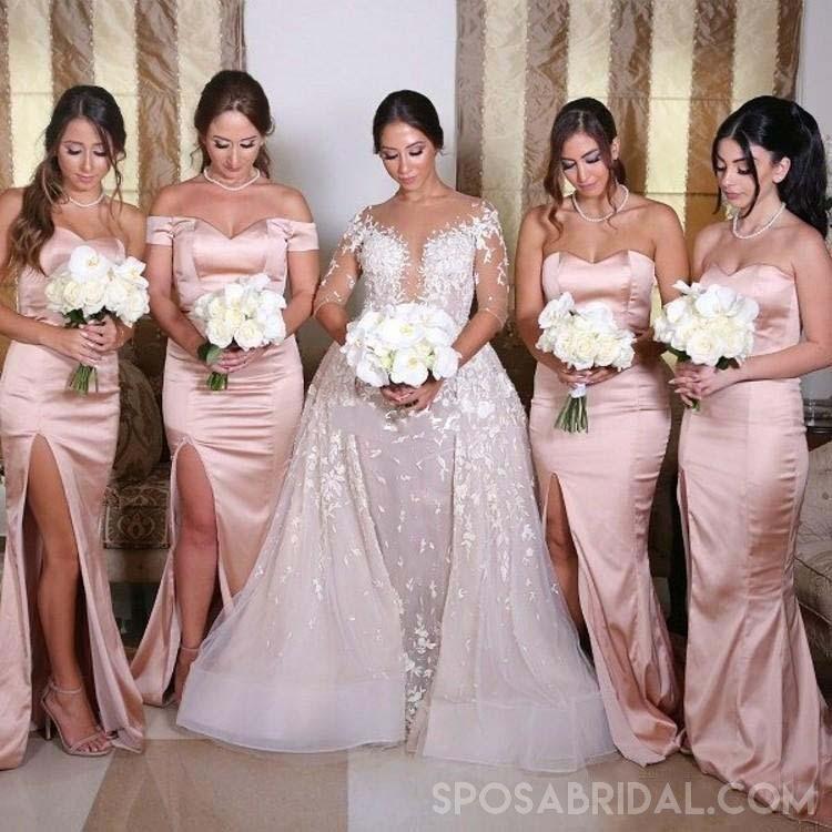 Mermaid Wedding Guest Party Dress, Side Split Zipper Blush Pink Bridesmaids Dresses ,Sweetheart Maid of Honor Gowns, WG405