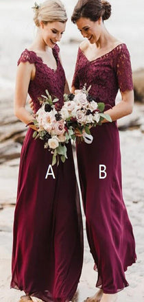 Mismatched A-Line Long Burgundy Cheap Chiffon Modest Bridesmaid Dress with Lace for Wedding guest,WG353