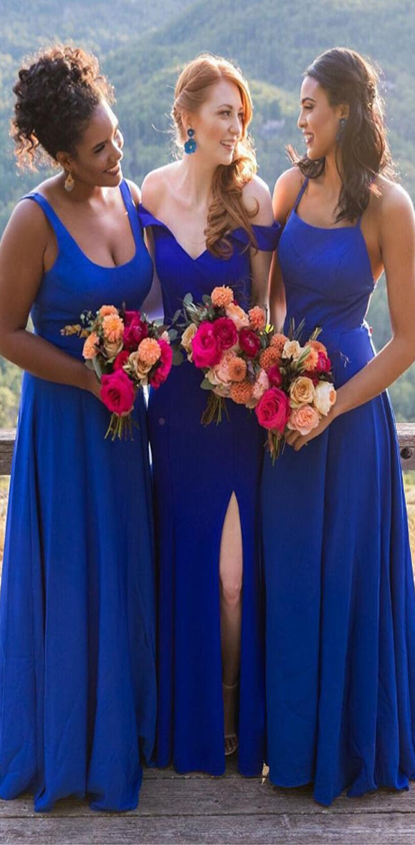 Mismatched Blue Simple Satin Floor-length Modest Inexpensive Bridesmai – SposaBridal
