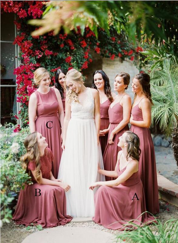 Mismatched Desert Rose Chiffon A-line Long Popular Bridesmaid Dresses, SposaBridal Mismatched Desert Rose Chiffon A-line Long Popular Bridesmaid Dresses, SposaBridal