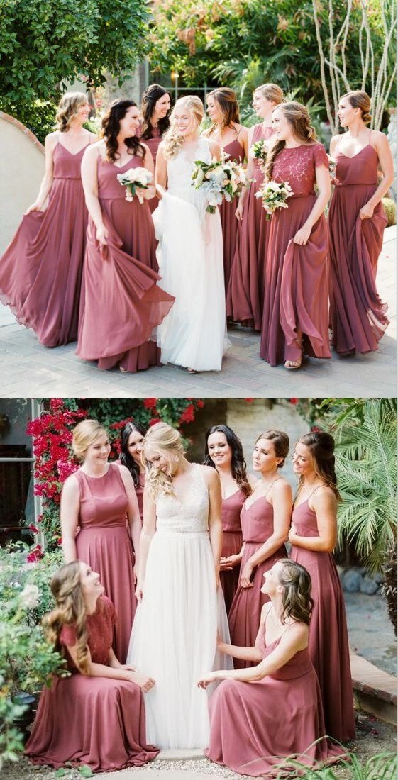 Mismatched Desert Rose Chiffon A-line Long Popular Bridesmaid Dresses, SposaBridal Mismatched Desert Rose Chiffon A-line Long Popular Bridesmaid Dresses, SposaBridal
