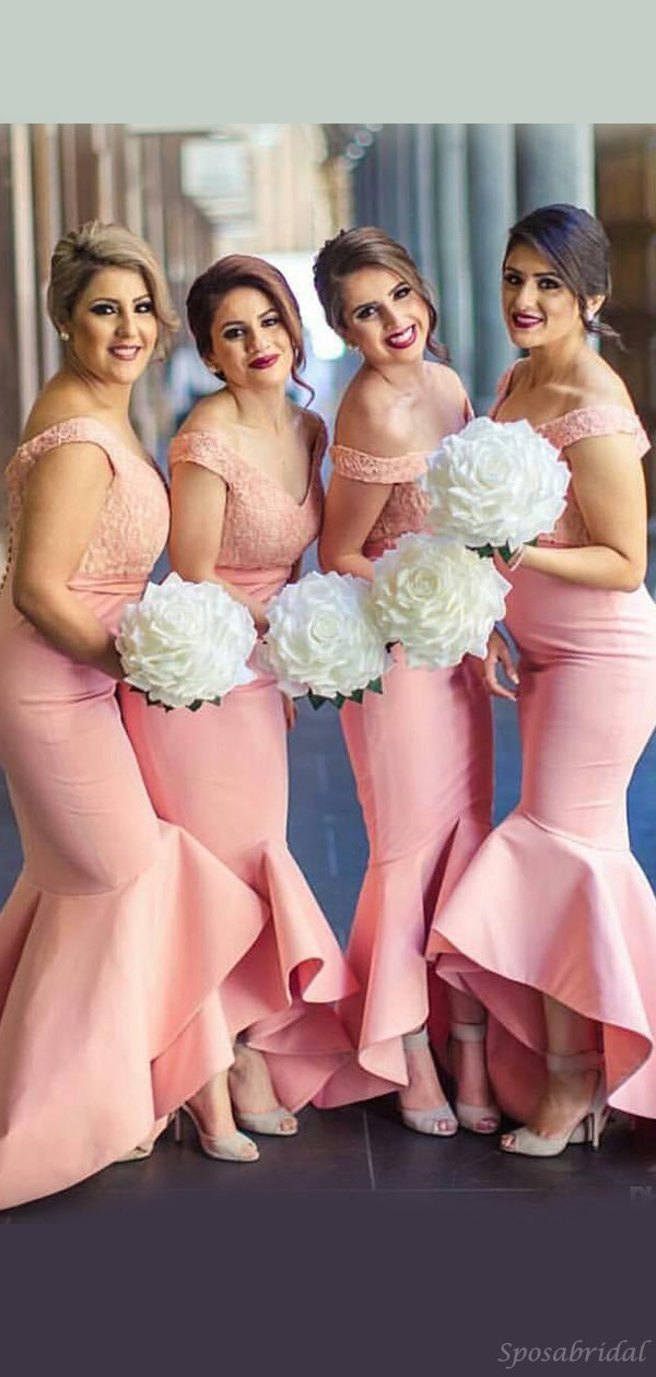 Modest Pink Mermaid Off-shoulder V-Neck Pretty Bridesmaid Dresses, PD0 SposaBridal Modest Pink Mermaid Off-shoulder V-Neck Pretty Bridesmaid Dresses, PD0 SposaBridal