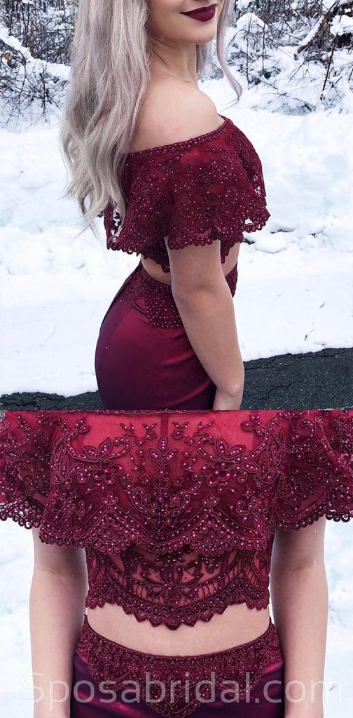 Modest Charming Eleagnt Two Piece Off the Shoulder Mermaid Burgundy Long Prom Dresses, PD1358