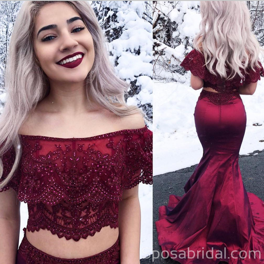 Modest Charming Eleagnt Two Piece Off the Shoulder Mermaid Burgundy Long Prom Dresses, PD1358