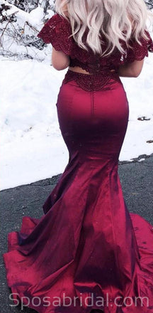 Modest Charming Eleagnt Two Piece Off the Shoulder Mermaid Burgundy Long Prom Dresses, PD1358