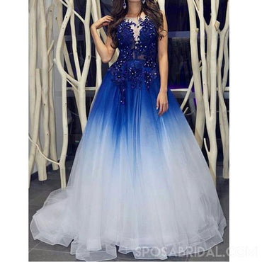 Spaghetti Straps Blue Sequins Backless Prom Dresses, PD0994