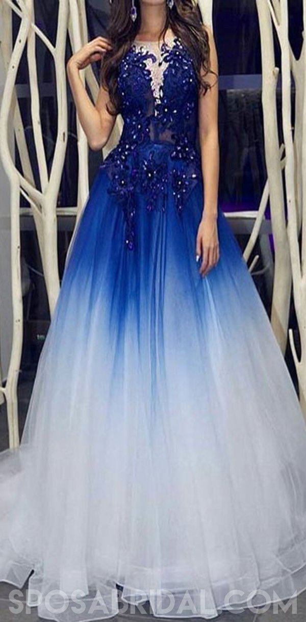 Modest Custom Made Elegant Royal Blue White Long Prom Dresses with App SposaBridal Modest Custom Made Elegant Royal Blue White Long Prom Dresses with App SposaBridal