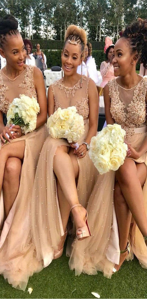 Modest Elegant Popular Affordable Appliques Long Tulle Bridesmaid Dresses with Slit and beads, WG520