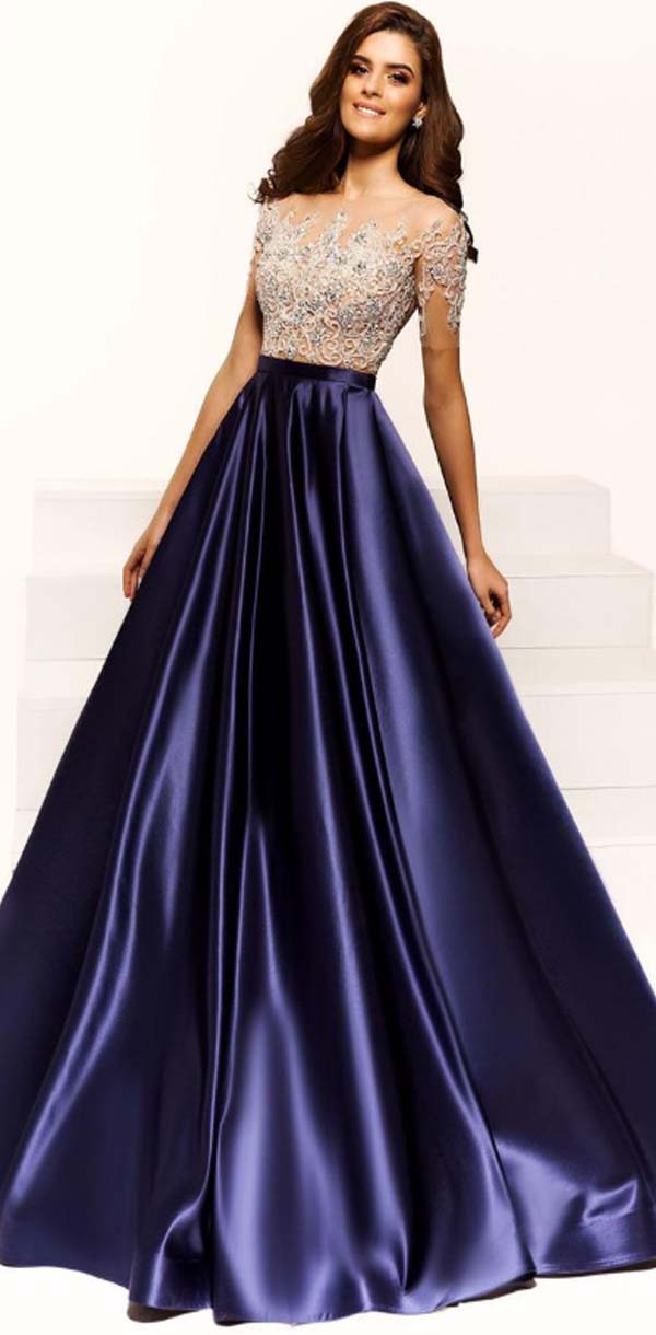 Modest Formal Satin Short Sleeves A-line Prom Dresses With Beaded, Par SposaBridal Modest Formal Satin Short Sleeves A-line Prom Dresses With Beaded, Par SposaBridal
