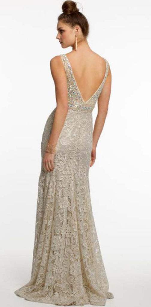 Modest Marvelous Lace V-Neck Sheath Prom Dresses With Rhinestones and Beads, PD1350