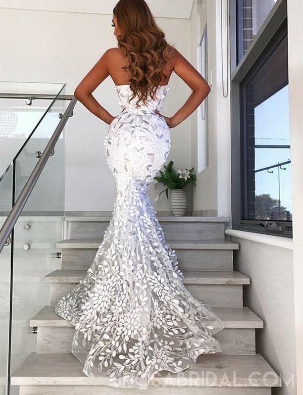Modest Unique Sweetheart White Prom Dresses,Long Mermaid Evening Gowns With Appliques ,PD1131