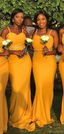 Mustard Yellow Spagheti Strap Mermaid Formal Long Bridesmaid Dresses, WG930