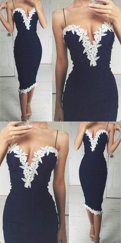 Navy Blue Spaghetti Straps Tight Memaid Normal Cheap Homecoming Dresses with lace, short prom dress,BD0227