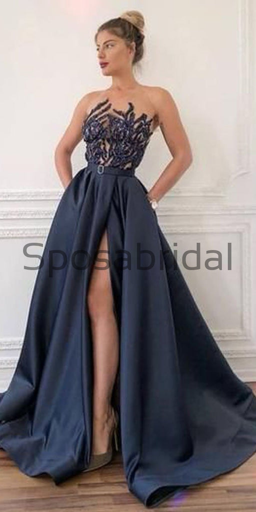 New A-line Satin Side Slit Long Fashion Prom Dresses PD2229