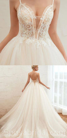 New Arrival  A-line Top Lace Appliques Lace up back Beach  Unique  Wedding Dresses, WD0358