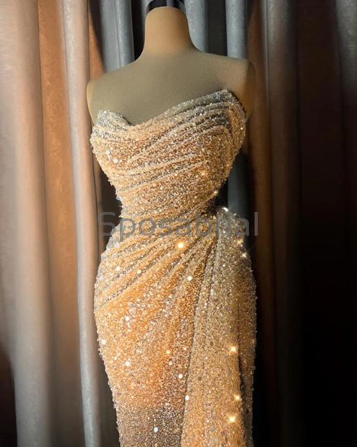New Arrival Elegant Tube Top Stitching Sequin Mermaid Sparkly Prom Dresses PD2064