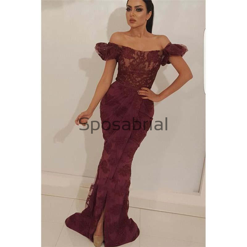 Newest Mermaid Burgundy Lace Sexy Off the Shoulder Prom Dresses PD2079