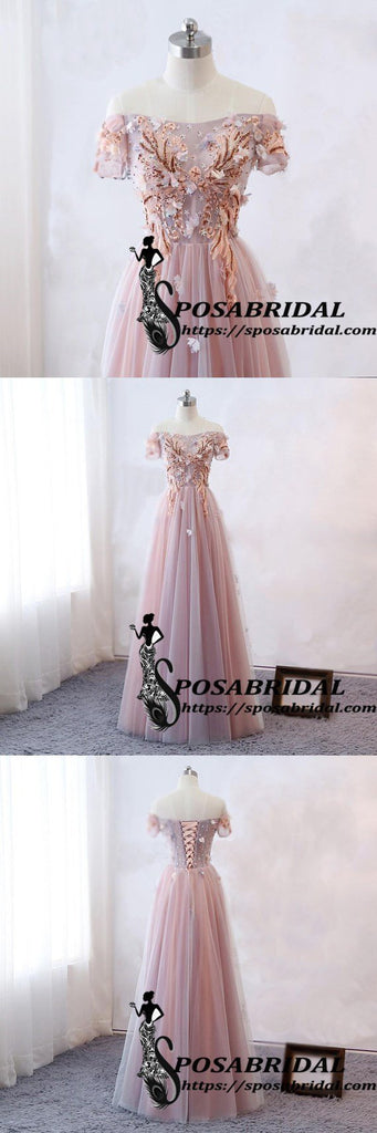 Pink Short Lace Sleeve Long A-Line Modest Popular Prom Dresses, Cheap Bridesmaid Dresses with Flowers ,WG325