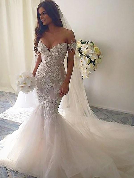 Charming Boho Off-shoulder Lace Mermaid Sweetheart Long Wedding Dress, SposaBridal Charming Boho Off-shoulder Lace Mermaid Sweetheart Long Wedding Dress, SposaBridal
