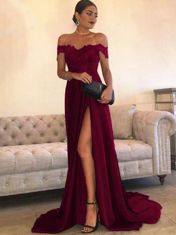 Emerald and Burgundy Lace Top Off Shoulder Side-slit A-line Prom Dress SposaBridal Emerald and Burgundy Lace Top Off Shoulder Side-slit A-line Prom Dress SposaBridal