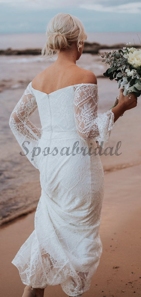 Off Shoulder Long Sleeve Lace Cutted Neckline Mermaid Wedding Dresses WD364