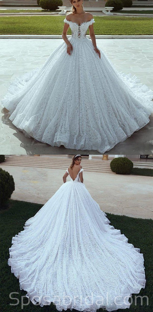 Off the Shoulder Full Lace Elegant Princess Romantic Wedding Dresses,Ball Gown, WD0359