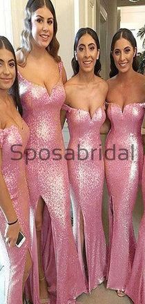 Sparkly Off the Shoulder Pink Sequin Sparkly Mermad Bridesmaid Dresses, WG663