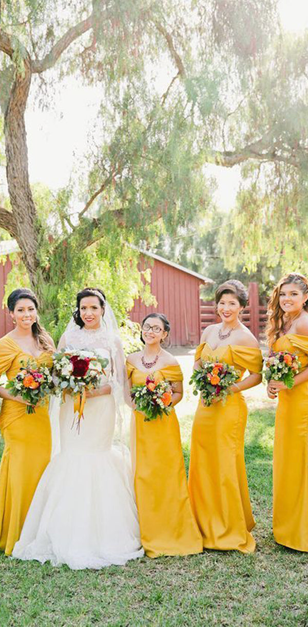 Off the Shoulder Yellow Mermaid Modest Bridesmaid Dresses, WG525 SposaBridal Off the Shoulder Yellow Mermaid Modest Bridesmaid Dresses, WG525 SposaBridal