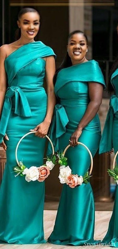 Turquoise Green One-shoulder Cap Sleeve Satin Long Bridesmaid Dresses, SposaBridal Turquoise Green One-shoulder Cap Sleeve Satin Long Bridesmaid Dresses, SposaBridal