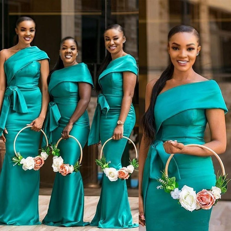 Turquoise Green One shoulder Cap Sleeve Satin Long Bridesmaid