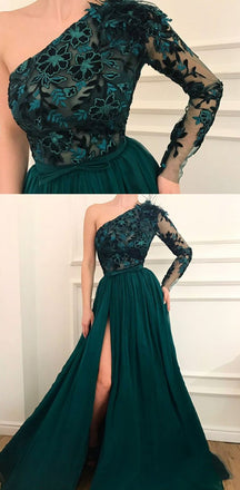 Emerald Green One Shoulder Lace Side-slit A-line Long Prom Dresses, PD1017