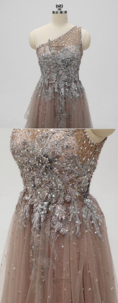 2019 One Shoulder Sparkly Side Split Elegant Modest Free Custom Prom Dresses, Fashion Prom dress, PD0686 - SposaBridal