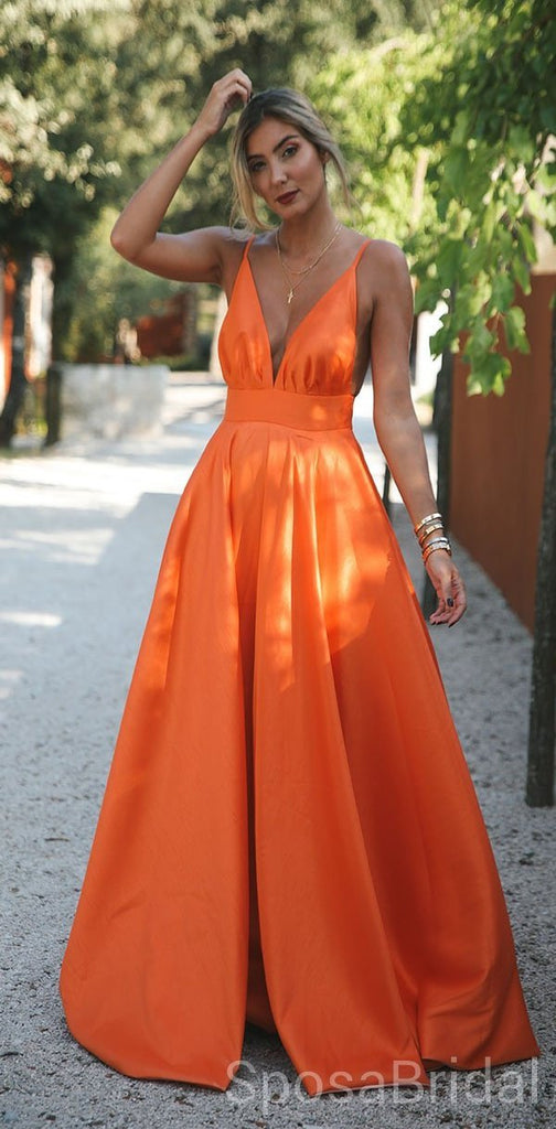 Orange Charming Cheap Modest Spaghetti Strap Pretty Long Prom Dresses, PD1266