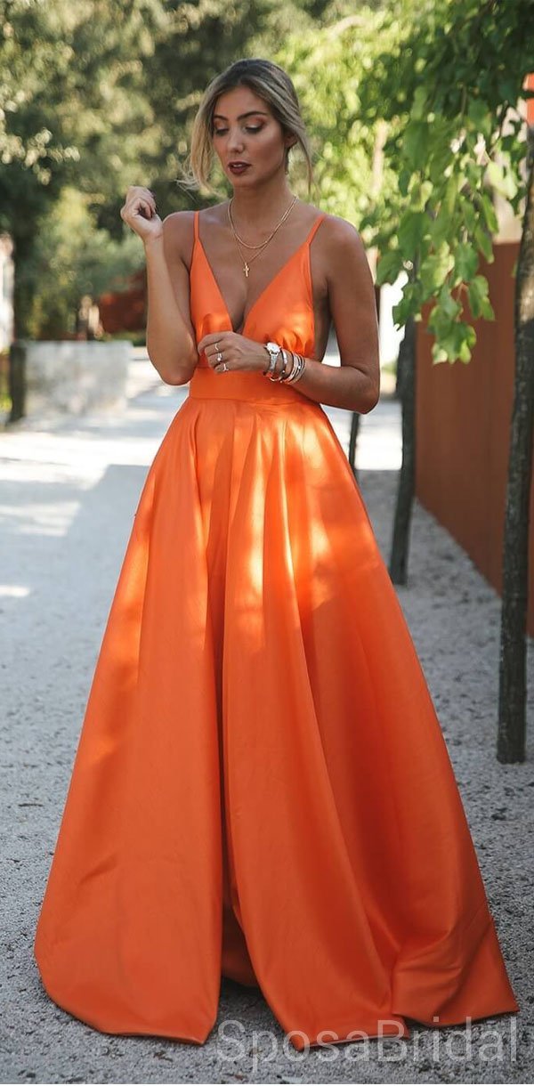 Orange Charming Cheap Modest Spaghetti Strap Pretty Long Prom Dresses, SposaBridal Orange Charming Cheap Modest Spaghetti Strap Pretty Long Prom Dresses, SposaBridal