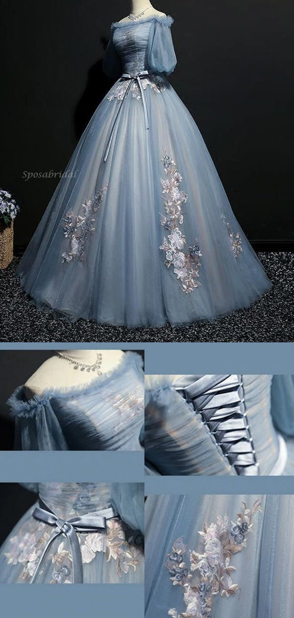 Elegant Blue Victorian Style Lace A-line Pleats Long Tulle Prom Dress, – SposaBridal Elegant Blue Victorian Style Lace A-line Pleats Long Tulle Prom Dress, – SposaBridal