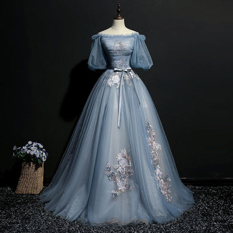 Elegant Blue Victorian Style Lace A-line Pleats Long Tulle Prom Dress, –  SposaBridal