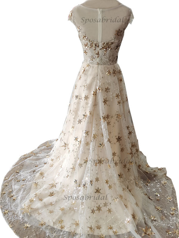 Gold Star V-neck Champagne V-neck A-line Long Prom Dress, PD00290 SposaBridal Gold Star V-neck Champagne V-neck A-line Long Prom Dress, PD00290 SposaBridal