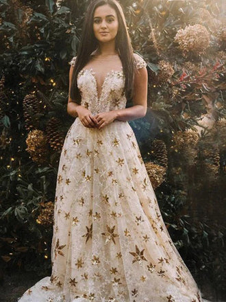 Gold Star V-neck Champagne V-neck A-line Long Prom Dress, PD00290